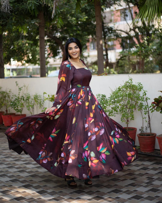 Wine Georgette Gown With Digital Print and Balloon Sleeve