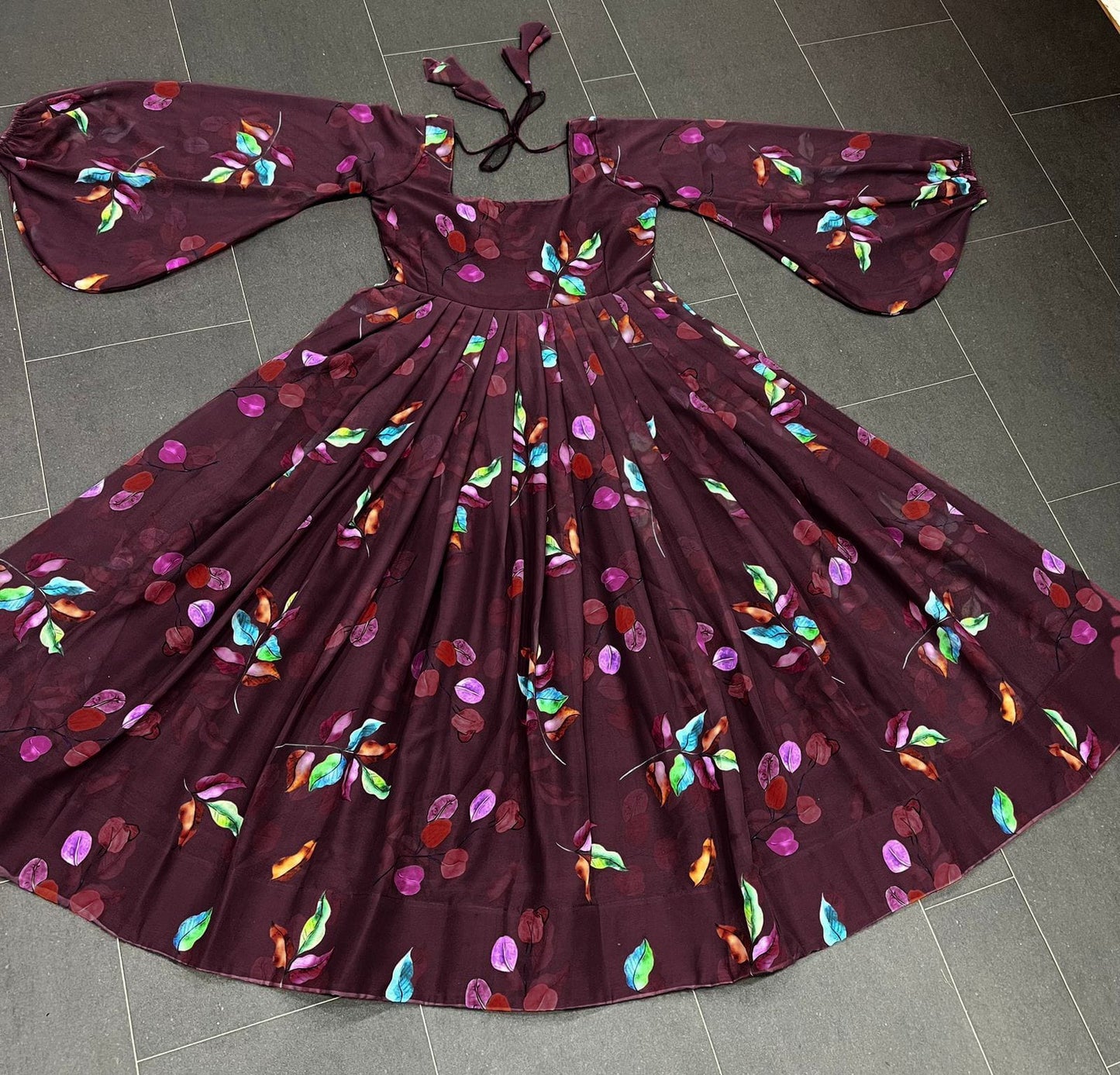 Wine Georgette Gown With Digital Print and Balloon Sleeve