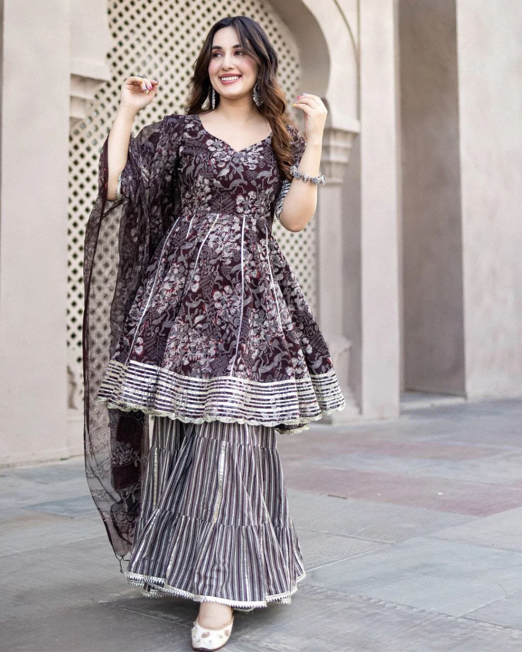 Wine Cotton Sharara Set With Anarkali Top