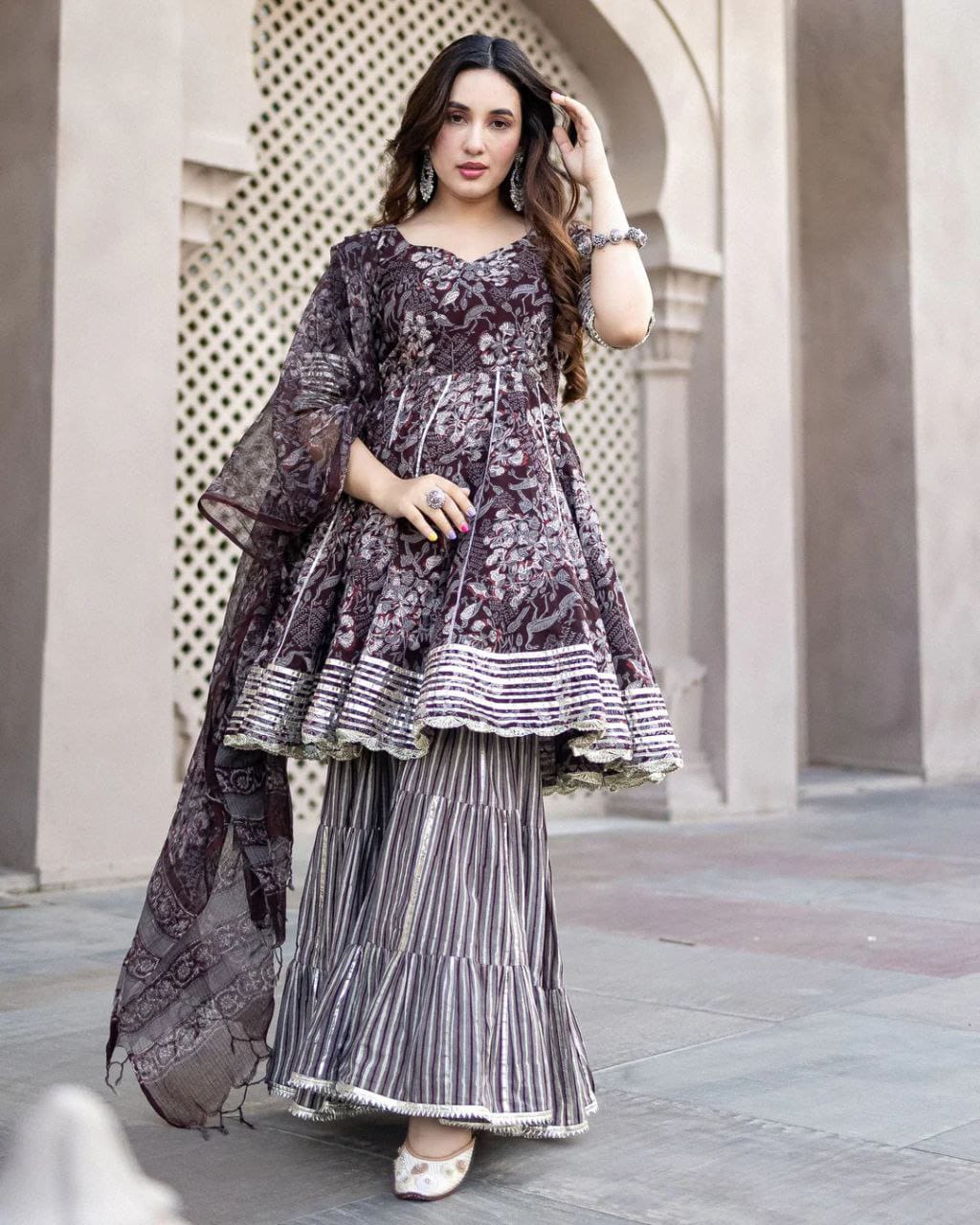 Wine Cotton Sharara Set With Anarkali Top