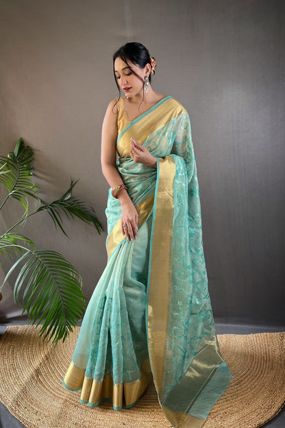 Soft Tissue Saree With Golden Weaving Border and Sequence Embroidery