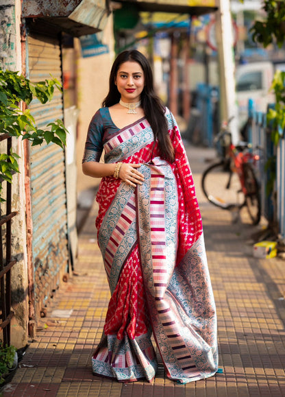 Reddish Pink Soft Banarasi Silk Saree With Green Zari Border