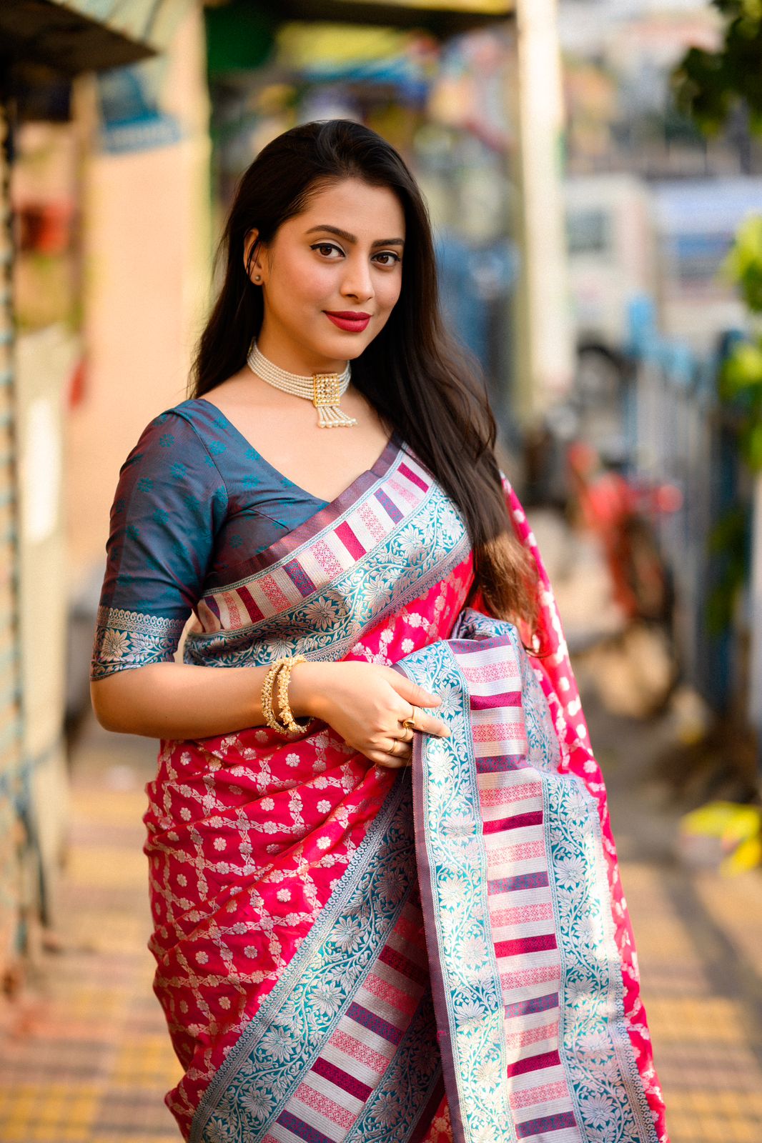 Reddish Pink Soft Banarasi Silk Saree With Green Zari Border