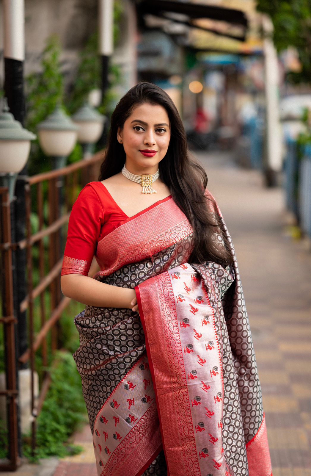 Black With Red Soft Banarasi Silk Saree With Zari Weaving