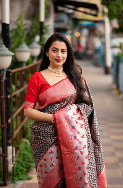 Black With Red Soft Banarasi Silk Saree With Zari Weaving