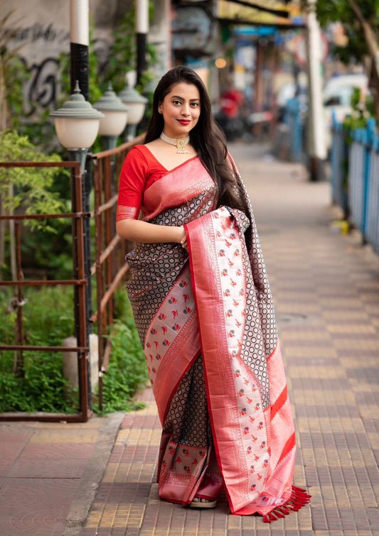 Black With Red Soft Banarasi Silk Saree With Zari Weaving