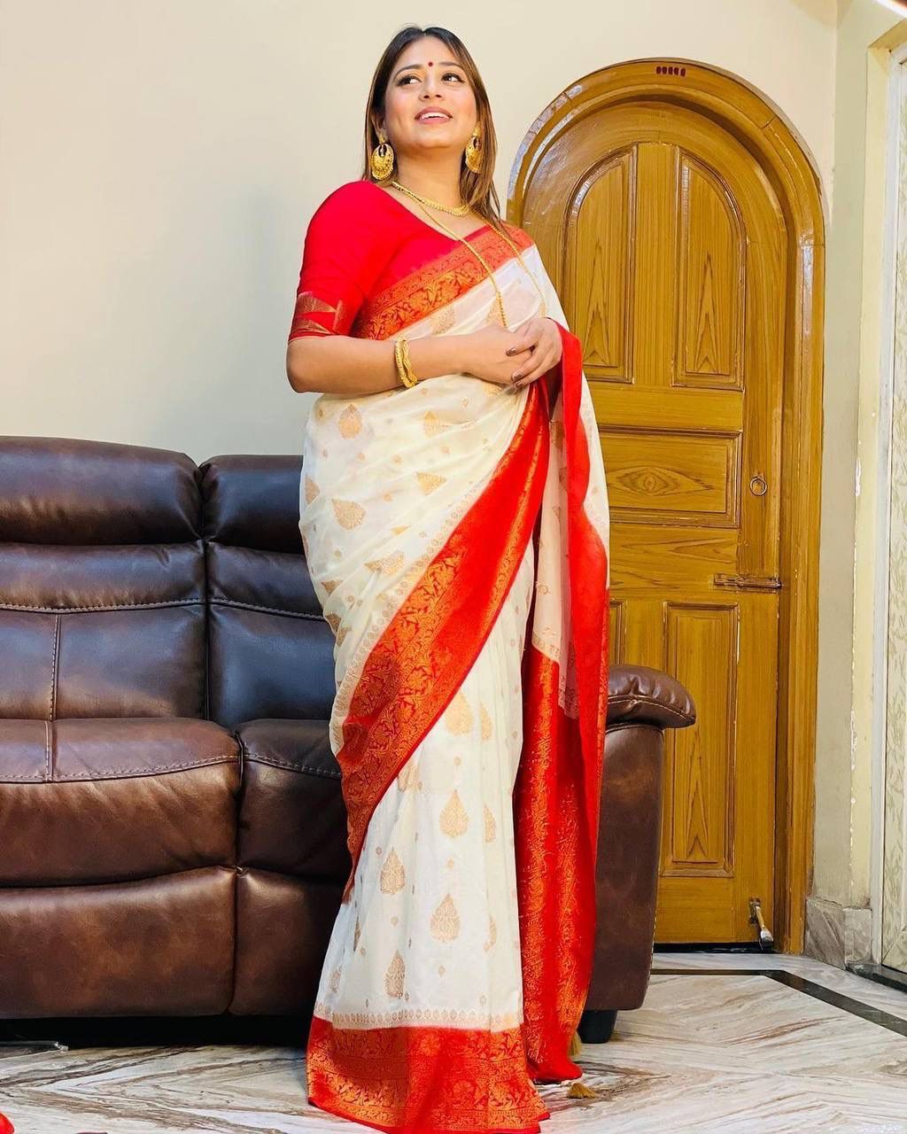 White With Red Soft Lichi Silk Saree With Golden Zari Work