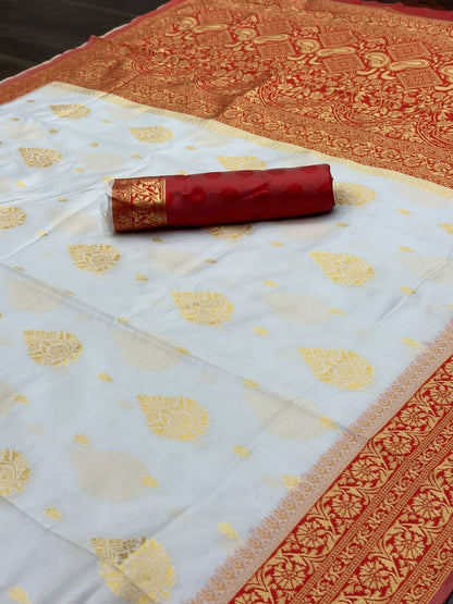 White With Red Soft Lichi Silk Saree With Golden Zari Work