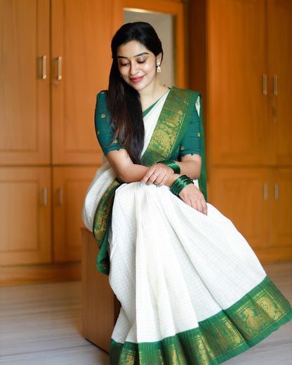 White With Green Soft Lichi  Silk Saree With Zari Weaving