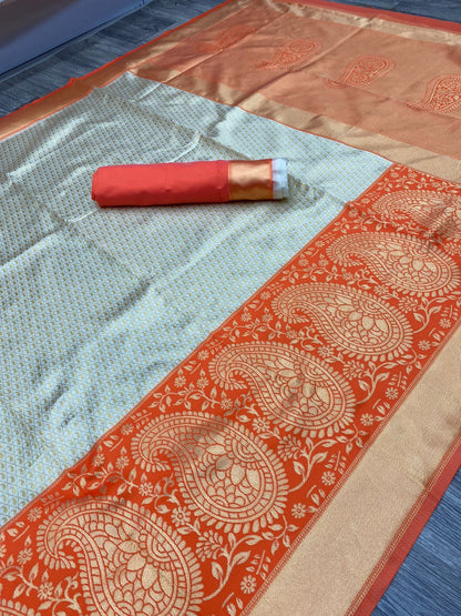 White With Orange Soft Lichi Silk Saree With Zari Weaving