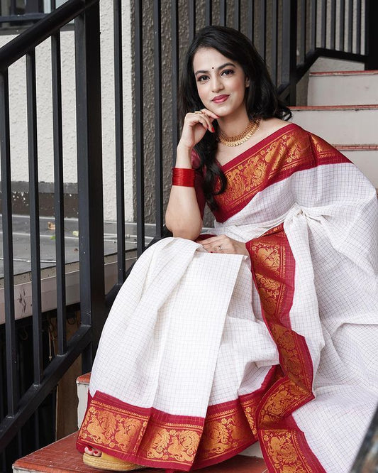 White Lichi Silk Saree With Red Border and Zari Weaving