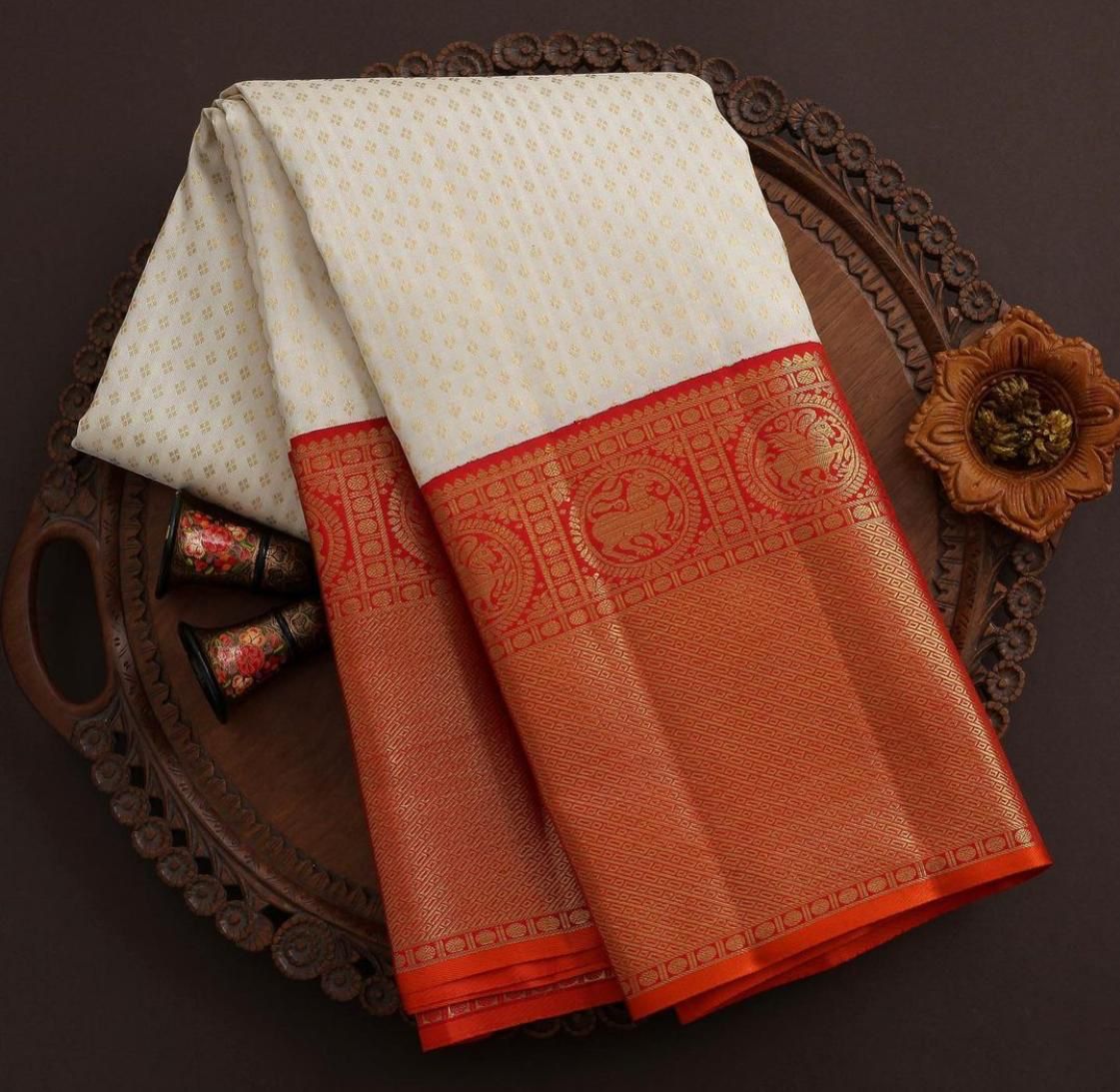 White Lichi Silk Saree With Red Border and Zari Weaving