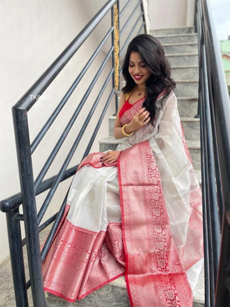 White Soft Lichi Silk Saree With Pink Border and Zari Work