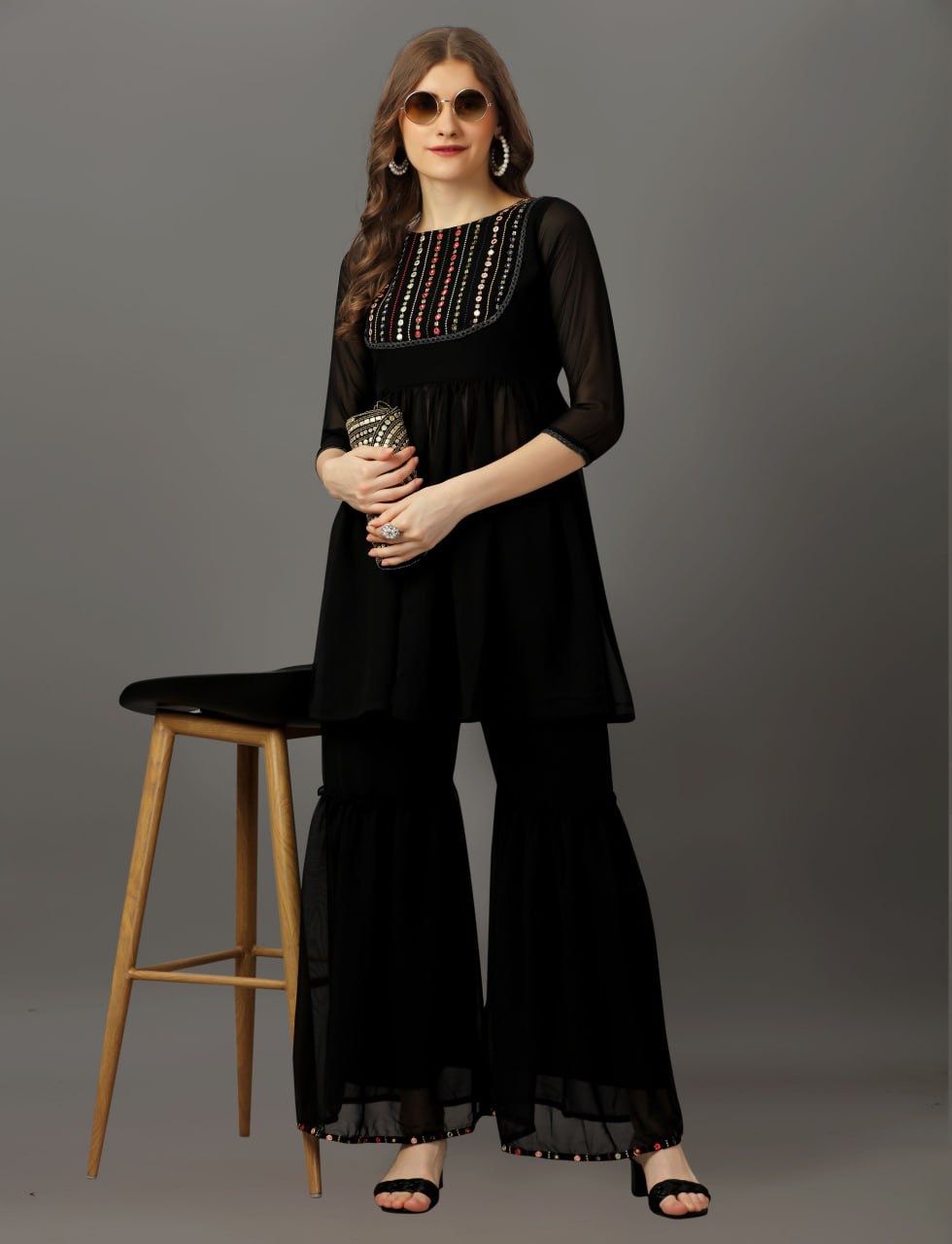 Soft Georgette Kurti With Sharara Set and Mirror Work