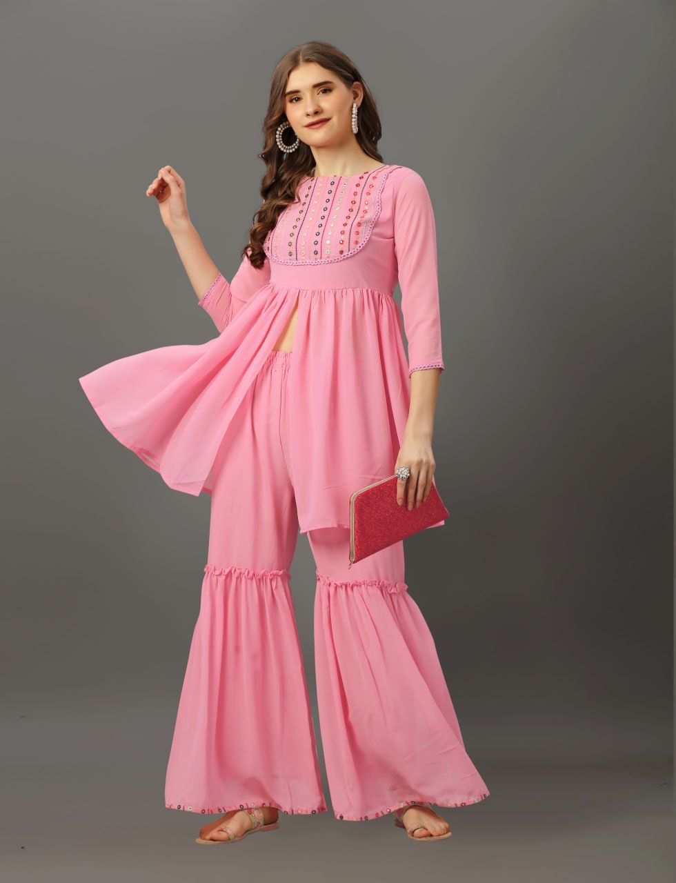 Soft Georgette Kurti With Sharara Set and Mirror Work