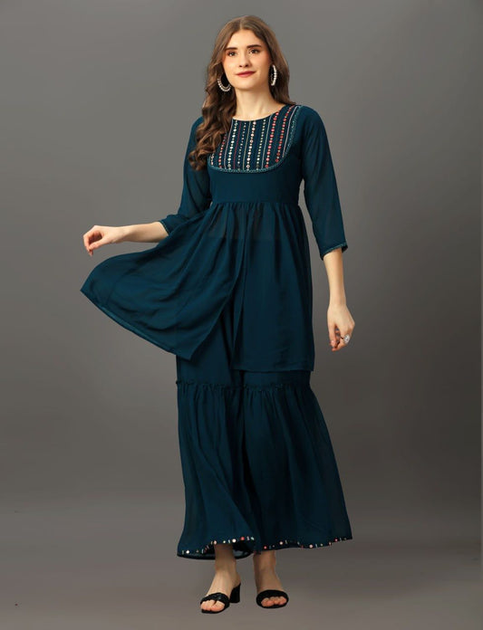 Soft Georgette Kurti With Sharara Set and Mirror Work