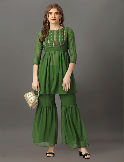 Soft Georgette Kurti With Sharara Set and Mirror Work