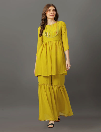 Soft Georgette Kurti With Sharara Set and Mirror Work