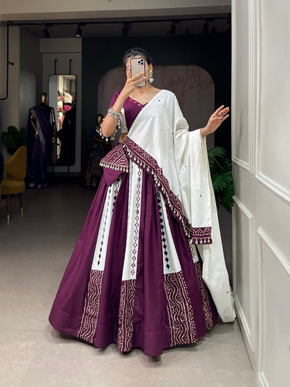 Wine With White Cotton Lehenga With Mirror Work