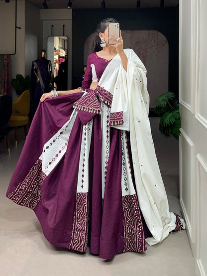 Wine With White Cotton Lehenga With Mirror Work