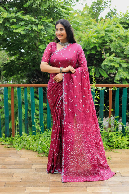 Soft Bandhej Drapes Silk Saree With Sequence Work