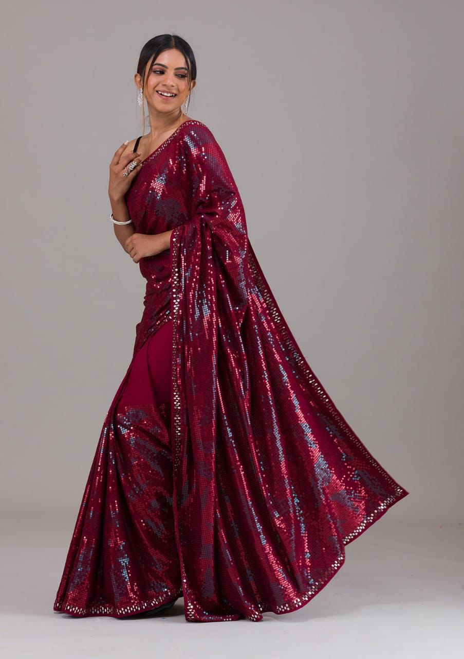 Wine Georgette Saree With Designer Sequence Work