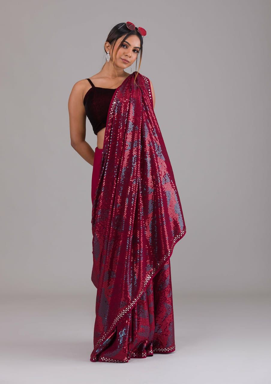 Wine Georgette Saree With Designer Sequence Work