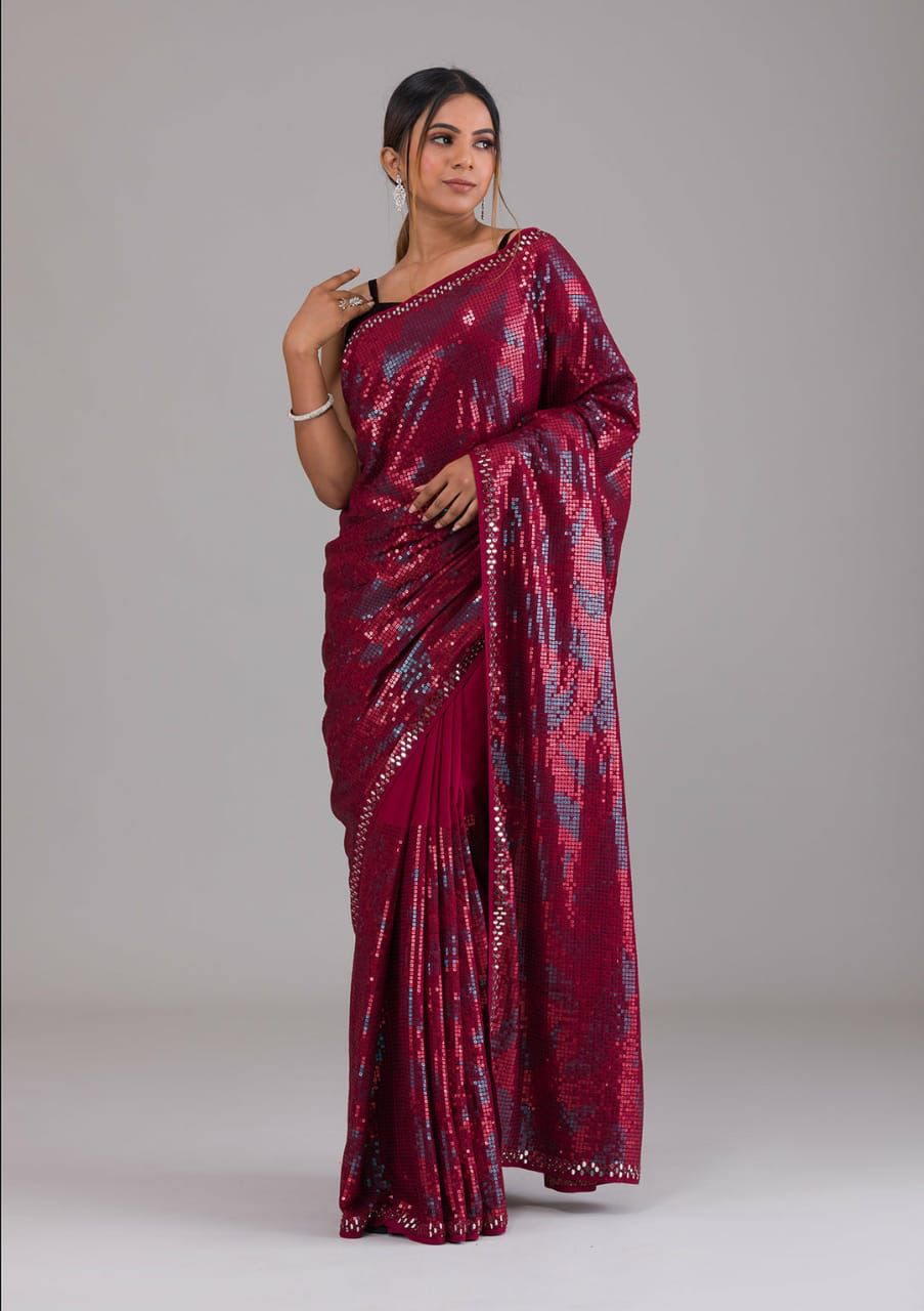 Wine Georgette Saree With Designer Sequence Work