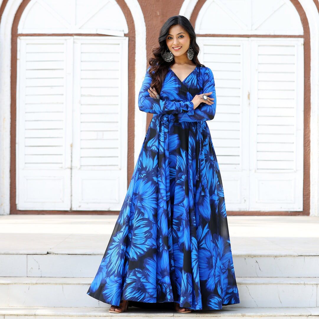 Blue With Black Georgette Gown With Floral Printing