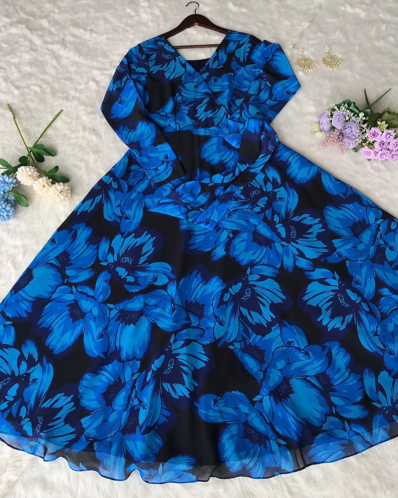 Blue With Black Georgette Gown With Floral Printing