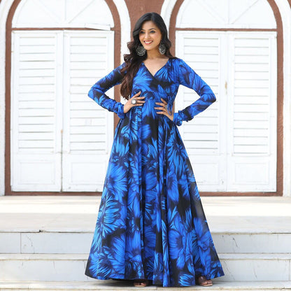 Blue With Black Georgette Gown With Floral Printing