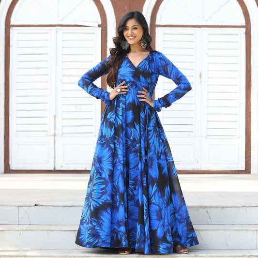 Blue With Black Georgette Gown With Floral Printing