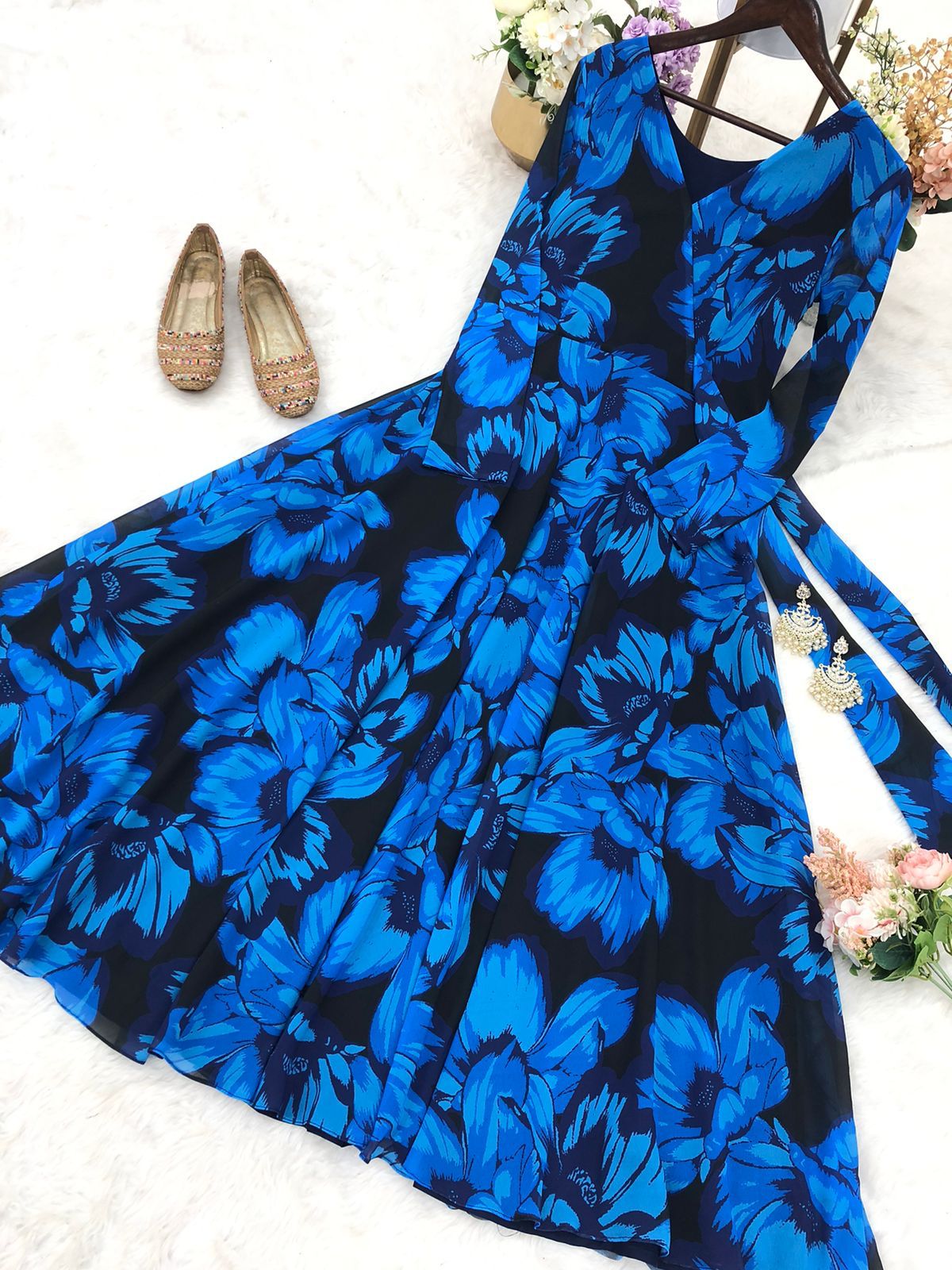 Blue With Black Georgette Gown With Floral Printing