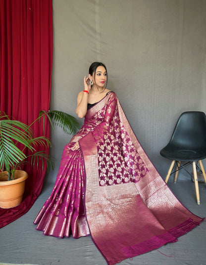 Soft Linen Cotton Saree With Copper Zari Weaving