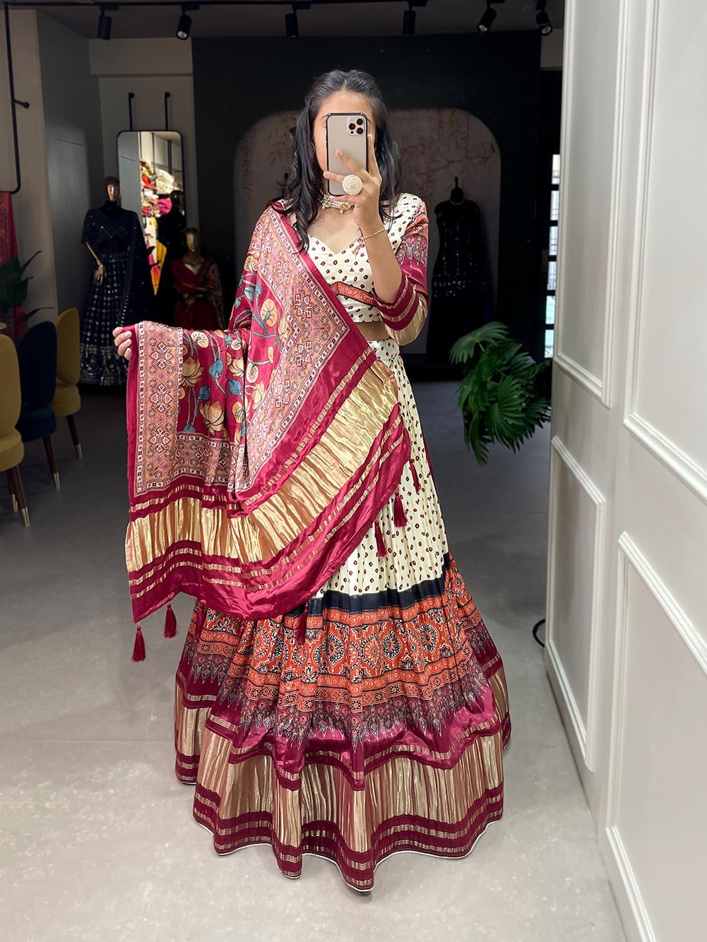 Soft Gaji Silk Lehenga With Bandhani Digital Print Dupatta