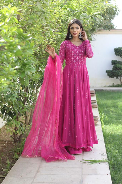 Pink Soft Georgette Gown With Mirror Embroidery Work