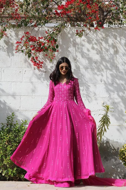 Pink Soft Georgette Gown With Mirror Embroidery Work