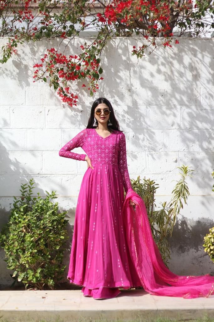 Pink Soft Georgette Gown With Mirror Embroidery Work