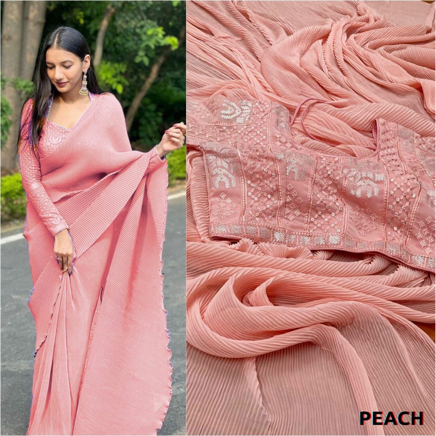 Faux Georgette Crush Pleated Saree With Designer Sequence Blouse