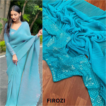 Faux Georgette Crush Pleated Saree With Designer Sequence Blouse