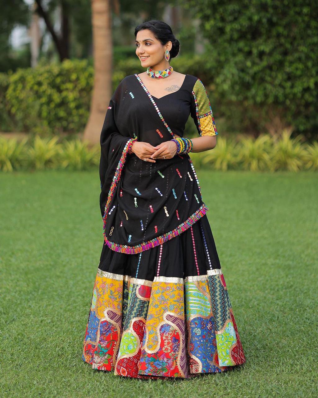 Black Soft Cotton Lehenga With Georgette Printed Dupatta