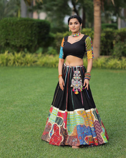 Black Soft Cotton Lehenga With Georgette Printed Dupatta