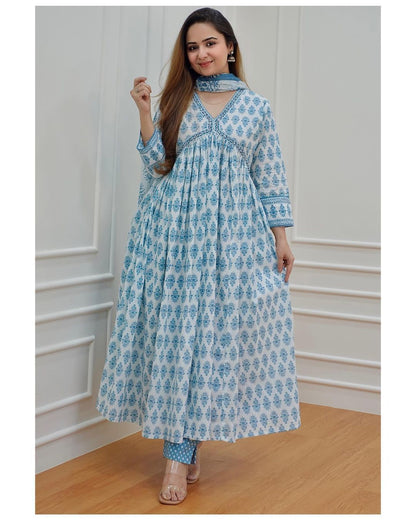 Blue With White Cotton Alia Cut Printed Kurti Set