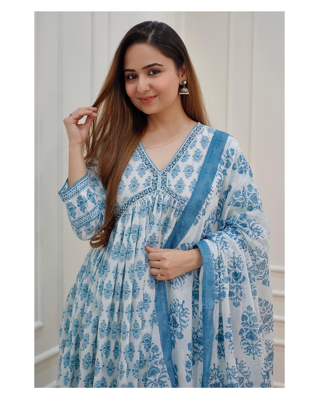 Blue With White Cotton Alia Cut Printed Kurti Set