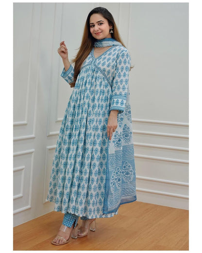 Blue With White Cotton Alia Cut Printed Kurti Set