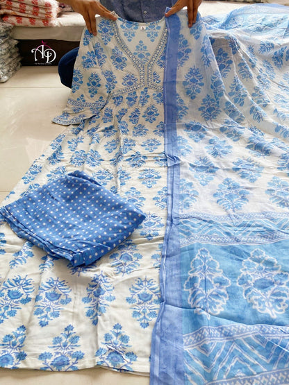 Blue With White Cotton Alia Cut Printed Kurti Set