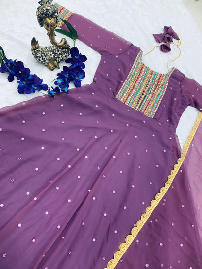 Violet Georgette Gown With Lace and Embroidery