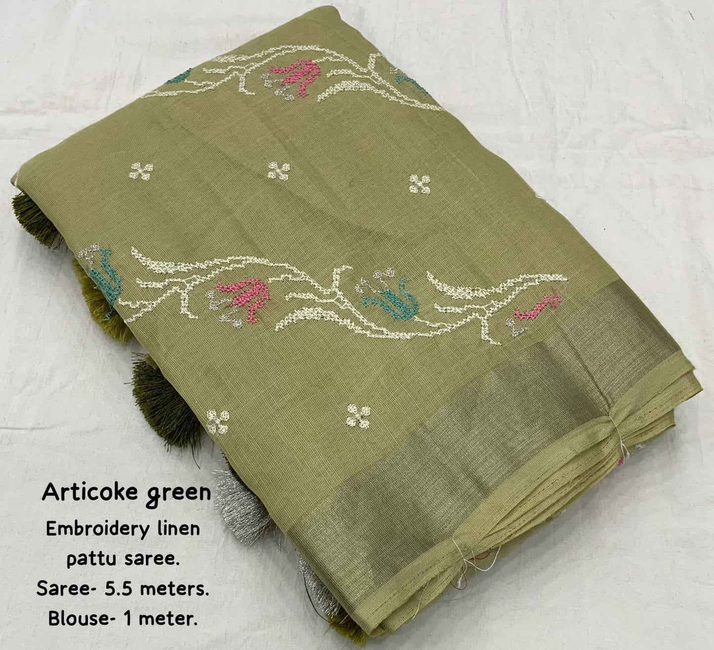 Soft Linen Saree With Zari Border and Embroidery Work