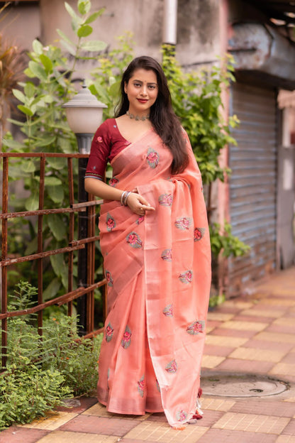 Soft Linen Saree With Zari Border and Embroidery Work