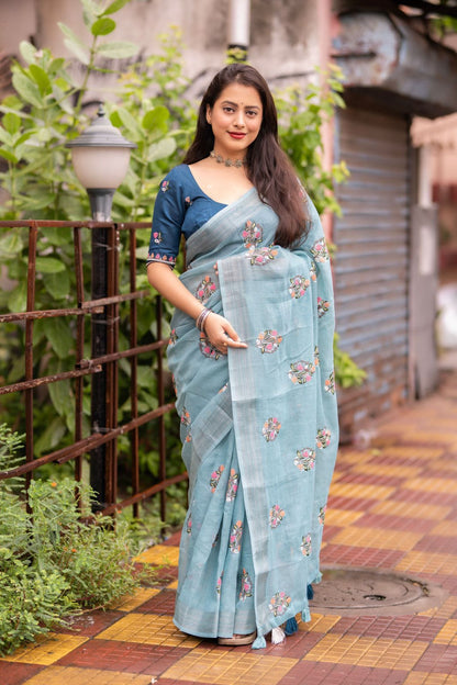 Soft Linen Saree With Zari Border and Embroidery Work